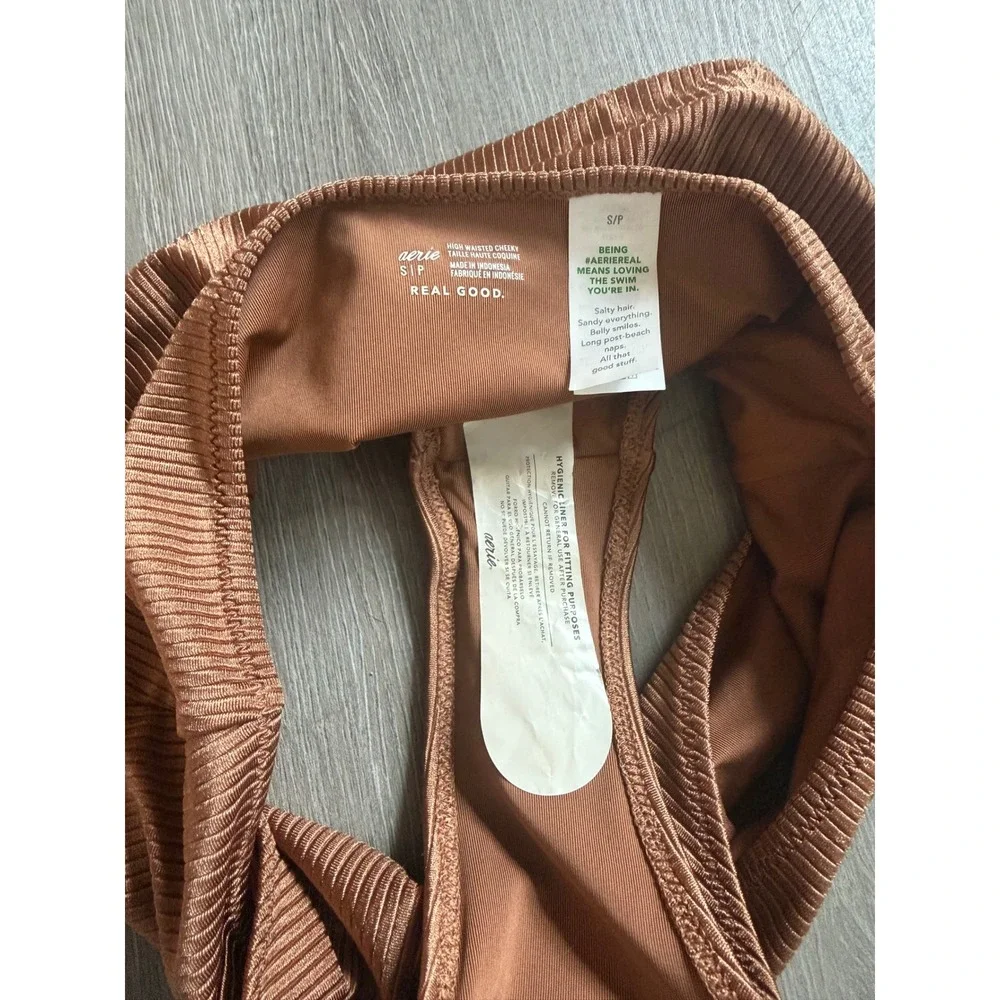 Aerie High Waisted Cheeky Bikini Bottom Ribbed Copper Brown Small